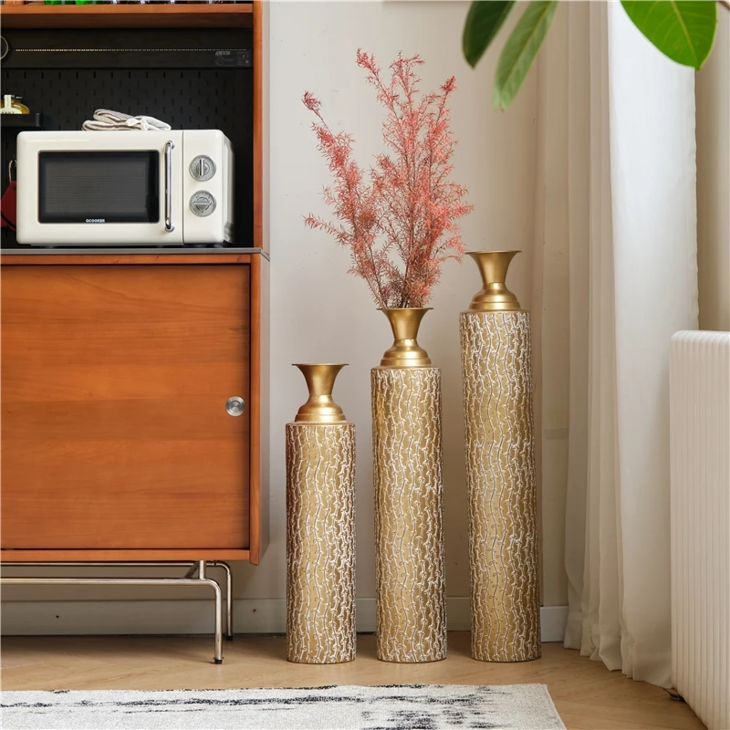 Metal Decorative Vases High Distress Metal Center Vases with Growing Vine Patterns, Set of 3 Vases for Home Decoration