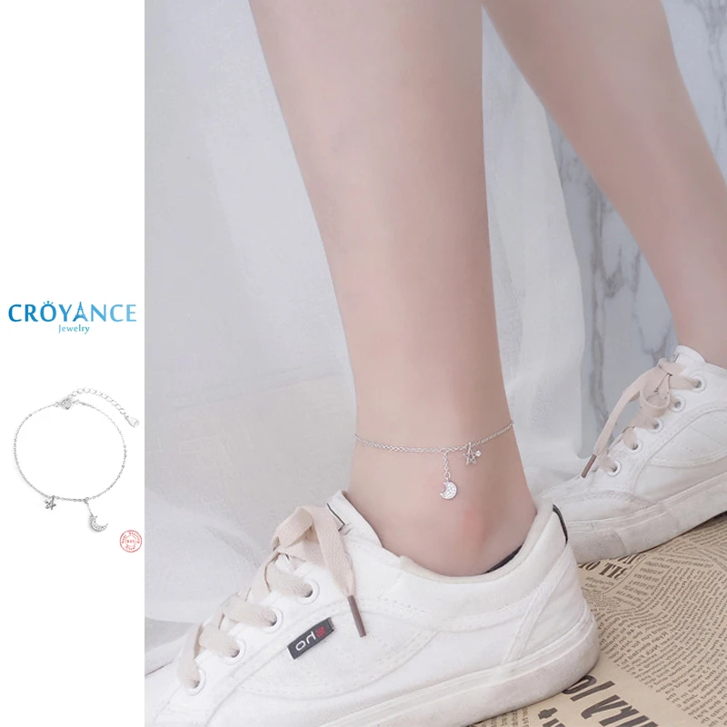 925 Sterling Silver Jewelry Fashion Star&Moon Zircon Pendant Anklet For Women Exquisite Constellation Symbol Bracelet Foot Chain