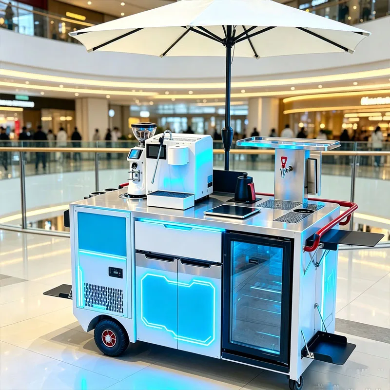 Street Commercial Coffee Trolley Mobile Coffee Serving Cart With Awning And Storage Space Customized
