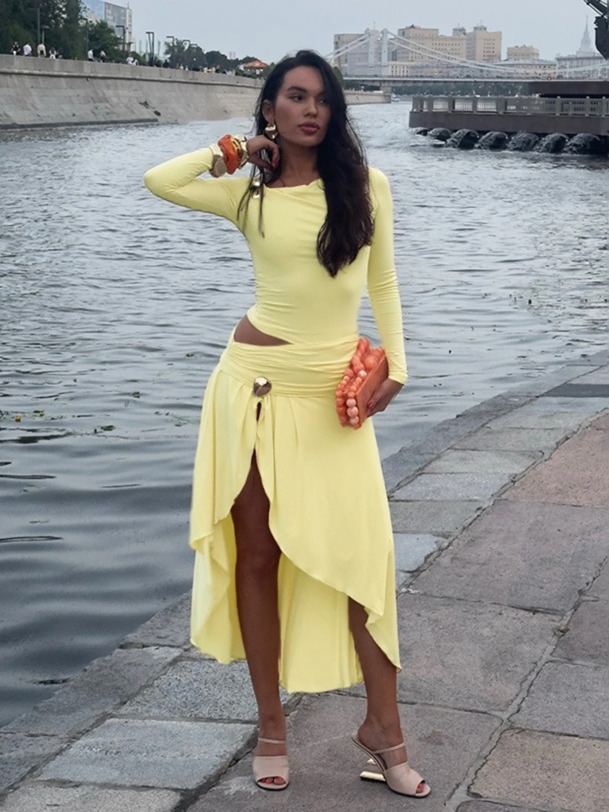 SsTss Women Fashion Solid Long Sleeve Irregular Dress Sexy One Shoulder Cutout Waist Slim High Split Elegant Party Dress Outfits