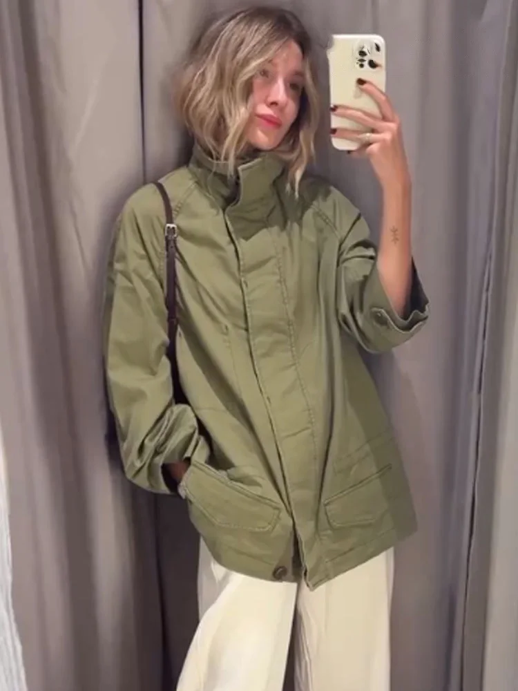 HH 女性秋ルーズコートファッションジッパーボタンポケットデザイン長袖ハイカラーコート女性シックなストリートスタイルジャケット