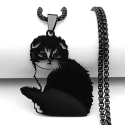 Cute Cat Kitty Pendant Necklace For Men Women Stainless Steel Gold Silver Black Color Lovely Animal Chain Jewelry