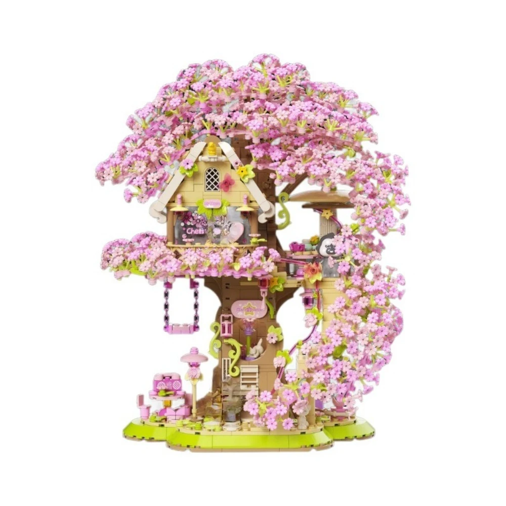 MOC Pink Sakura Treehouse Swing Building Blocks Set Cherry Blossom Forest Hut With Light Toys For Children Birthday Holiday Gift