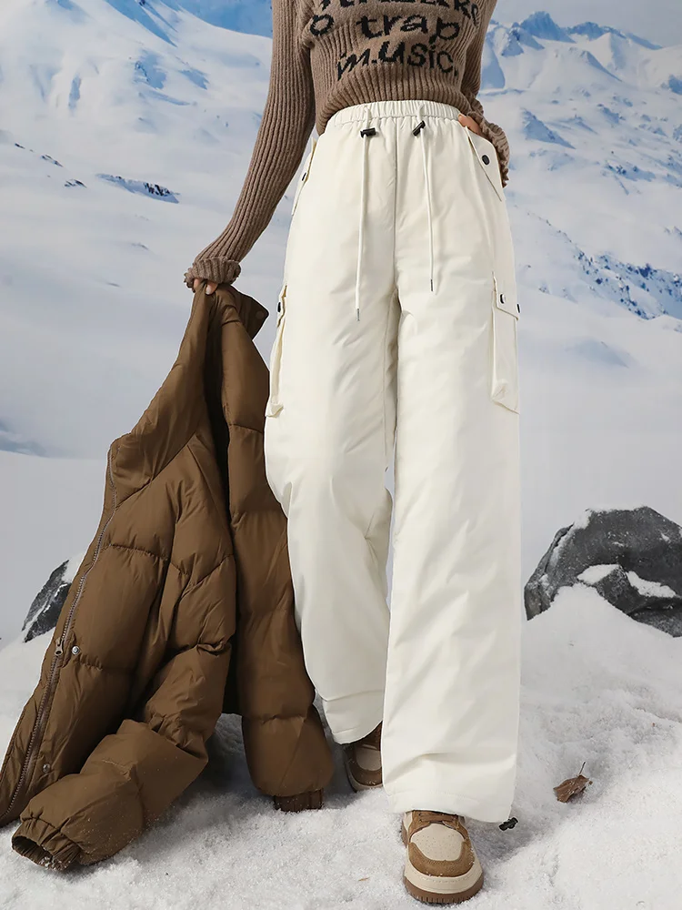 

White Duck Down Cargo Pants for Women To Wear Outside At Minus 40 Degrees in Winter Cold-proof and Thickened Warm