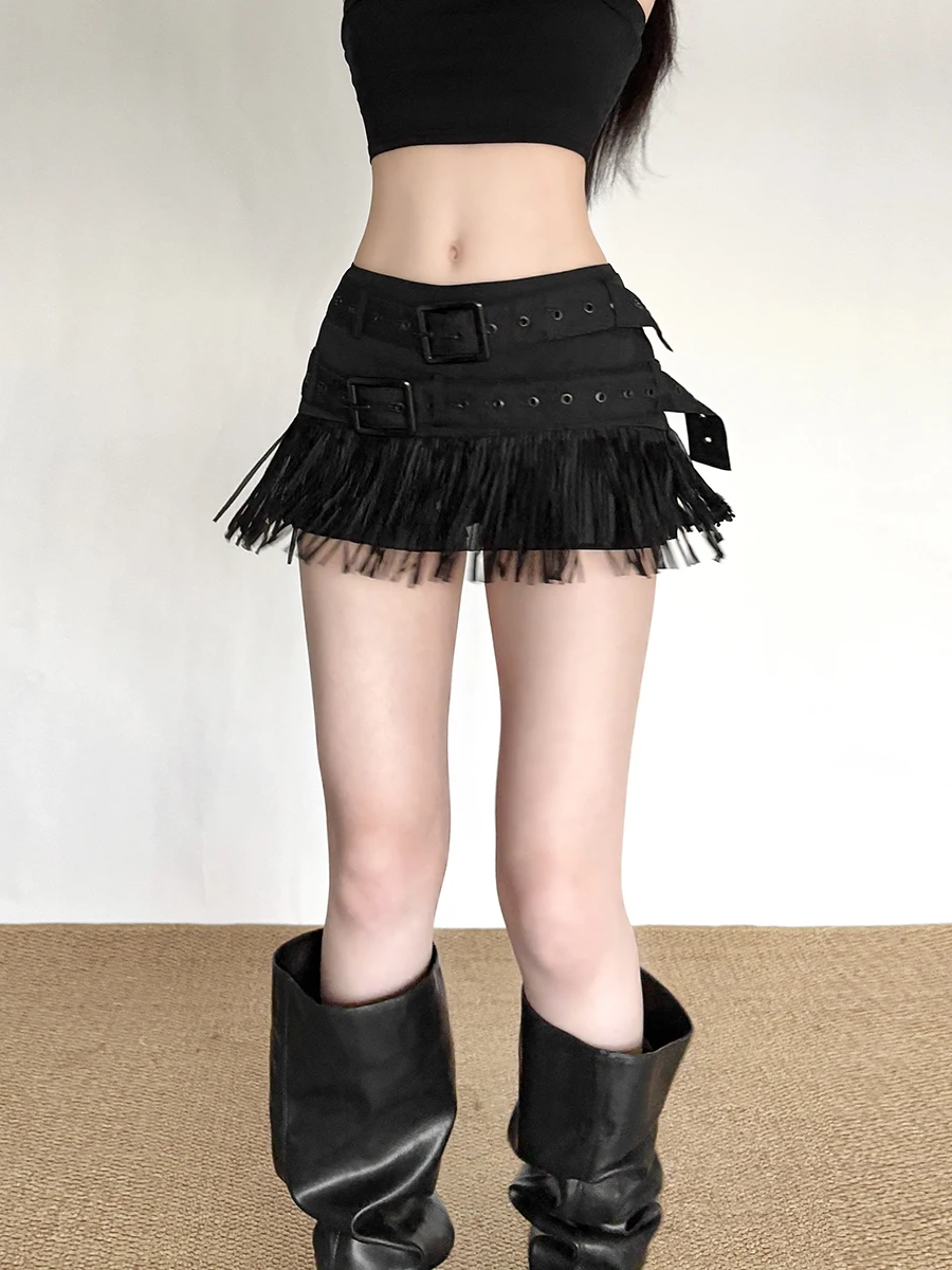 Low Waist Slim Fit Tassel Trim  Skirt with Double Belts Punk Street Style Women's Fashion Polyester Micro Elasticity