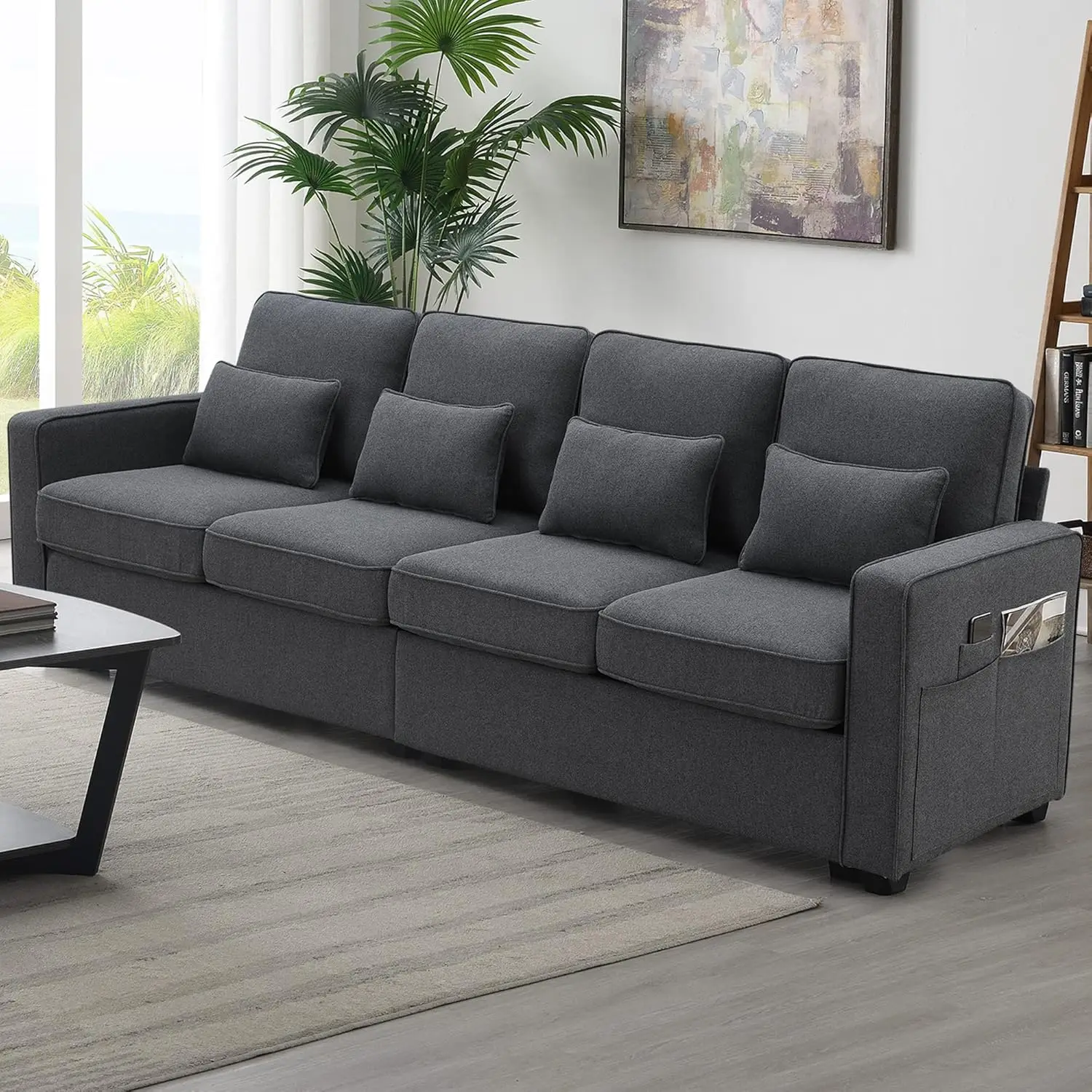 

Modern 4 Seater Sofa with Sturdy Plastic Leg, Modern Linen Fabric Sofa with Armrest Pocket and 4 Pillows, Minimalist Style Couch