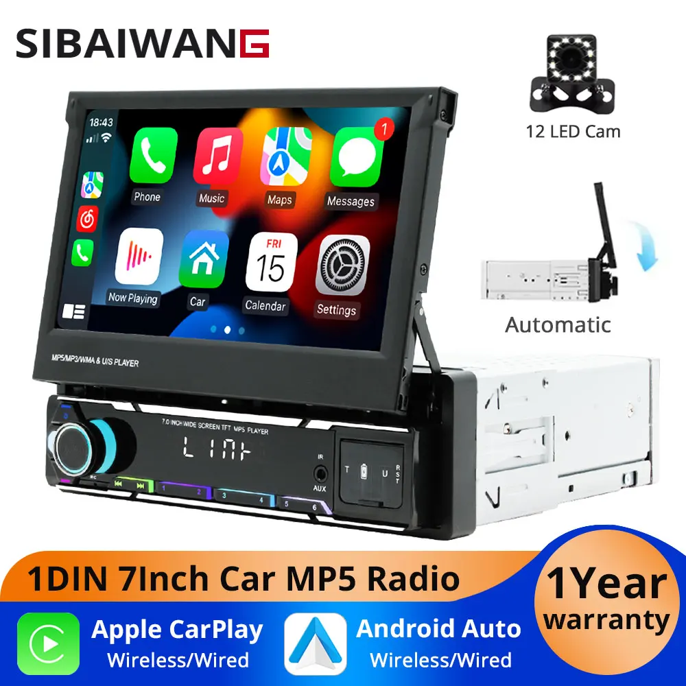

1Din Car Radio 7Inch Automatic Retractable Touch Screen Wireless Carplay Android auto MP5 Multimedia Player Bluetooth FM RDS AUX