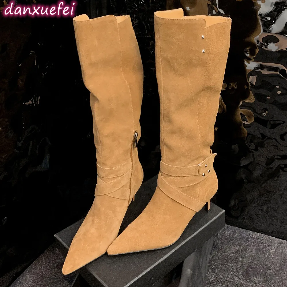 

danxuefei women's natural suede leather thin high heel side zip autumn elegant ladies knee high boots shoes for women long boots