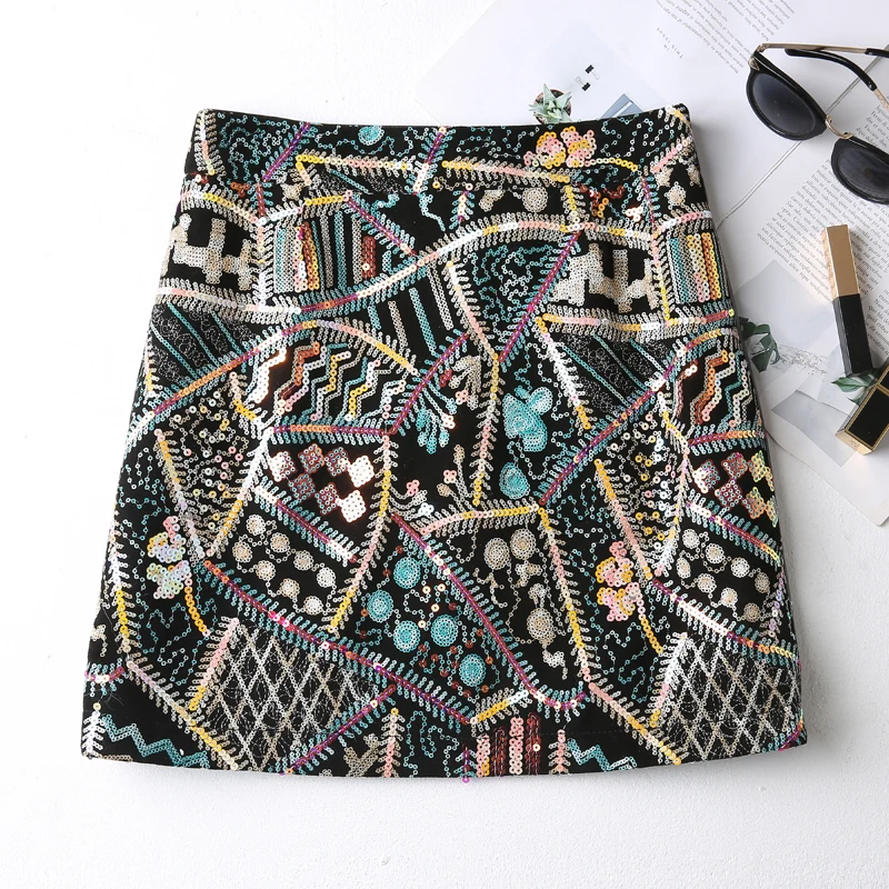 

2022 Real Sheepskin Sequin Embroidered Skirt Women's High Waist New Fashion A-Line Skirt Short Skirt J9