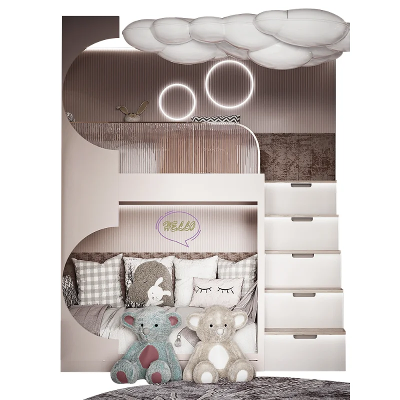 Girls' room, bunk bed, double-deck princess bed, small apartment, custom-made cabinet with ladder.