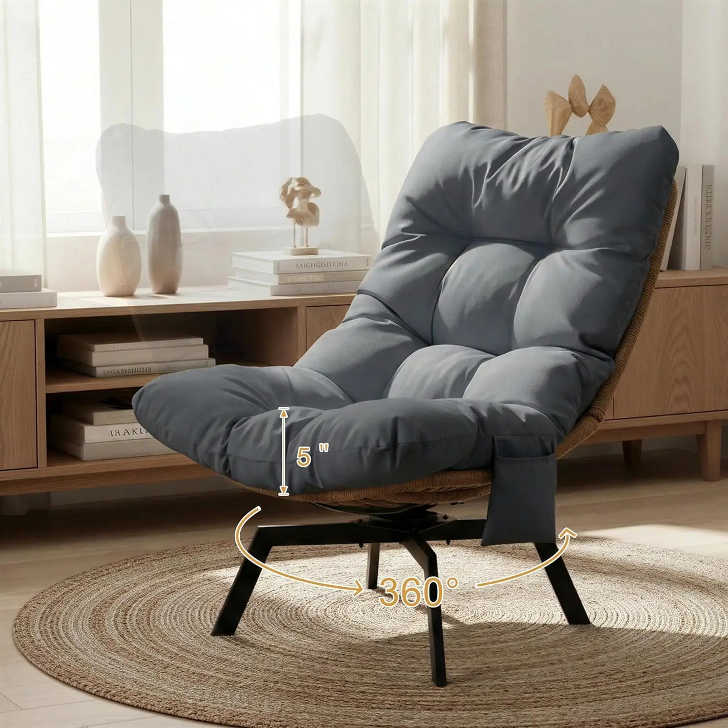 

Современное плетеное кресло-папасан с поворотным механизмом для гостиной, с увеличенным сиденьем и подушкой, металлический каркас, на заказ