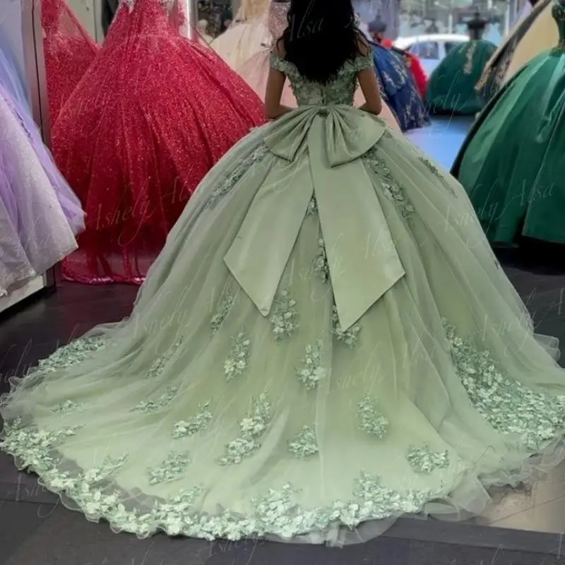 AAQ128 Customized Sage Women Birthday Party Dresses Off Shoulder Lace Applique Bow Ball Gown Prom Dress Sweet 15 Quinceanera