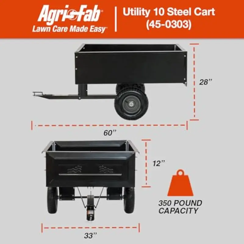 Heavy-duty steel tow-behind utility cart with 350 lb capacity and 10 cu ft volume; removable tailgate, quick-release dumping lev