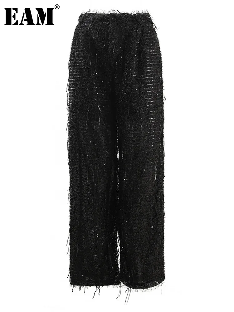 

[EAM] High Elastic Waist Black Sequins Tassels Long Wide Leg Pants New Trousers Women Fashion Tide Spring Autumn 2024 CPG1626