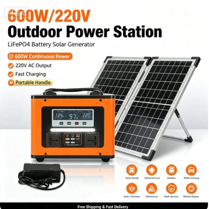 Outdoor Solar Generator 220V 600W 40Ah, Portable Charging Station Lithium Battery Fast Charging AC DC LED Flashlight