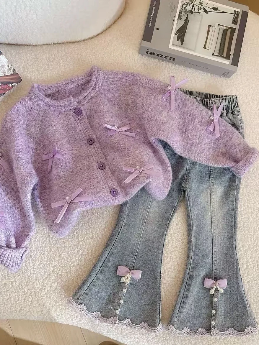 Girls Autumn Fashion Outfit Set 2025 New Style Little Girl  Knot Sweater Cardigan Jeans Two Piece Set Casual Style