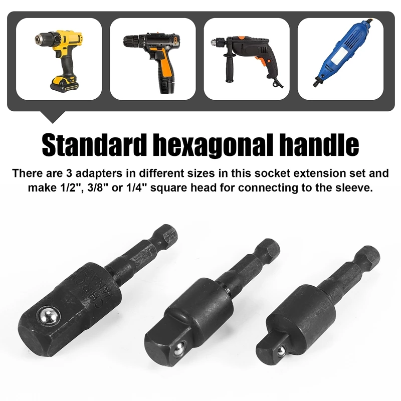 3PC Wobble Socket Adapters Universal Joint Swivel Socket Set, 1/4 Inch Hex Shank To 1/4 3/8 1/2 Square Socket Drives