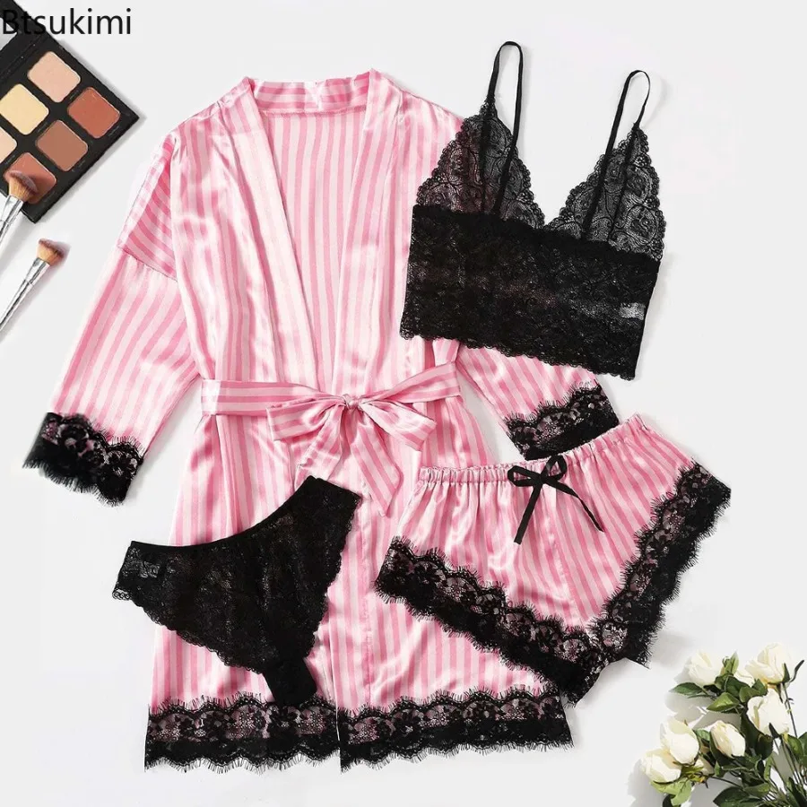 

New Pajama Four Pieces Women's Sexy Sleepwear Set Soft Silk Satin Nightwear Lace Sling Top Bow Decor Belted Robe Ladies Homewear