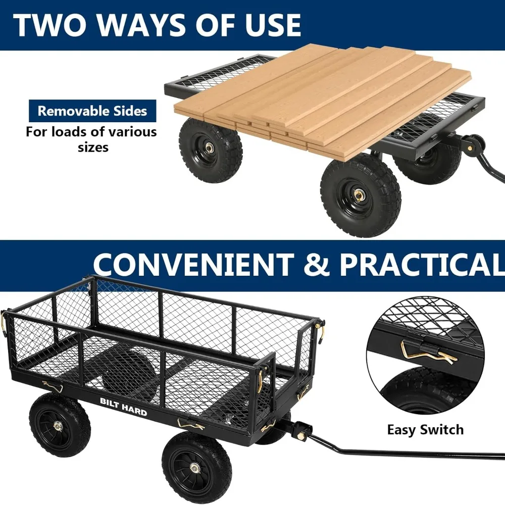 عربة حديقة شديدة التحمل بسعة 880 رطلاً، 180 °   مقبض دوار، جوانب قابلة للإزالة، 4 أقدام مكعبة، إطارات خالية من المسطحة