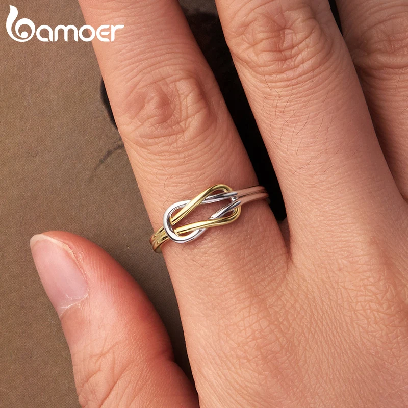 BAMOER 925 Sterling Silver Two-tones Cross Open Ring, Sleek Polished Double Knots Ring for Women Teen Girls Bold Party Gift