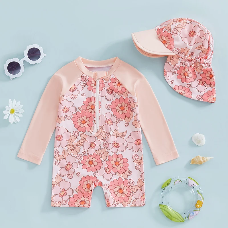 Long Sleeve Baby Girl Swimsuit with Hat Floral/Flamingo Print 4