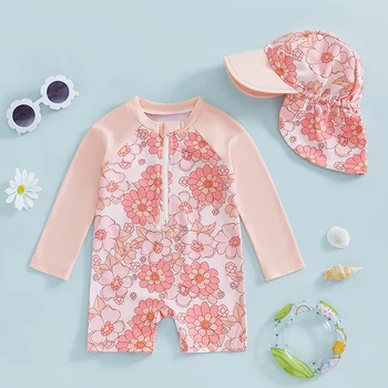 Girls' Floral Flamingo Long-Sleeve Swimsuit Set 4 Tregren Toddler Girl Long Sleeve Swimsuit Floral/Flamingo Print Half Zipper Rash Guard Swimwear with Sun Hat Infant Beachwear 4