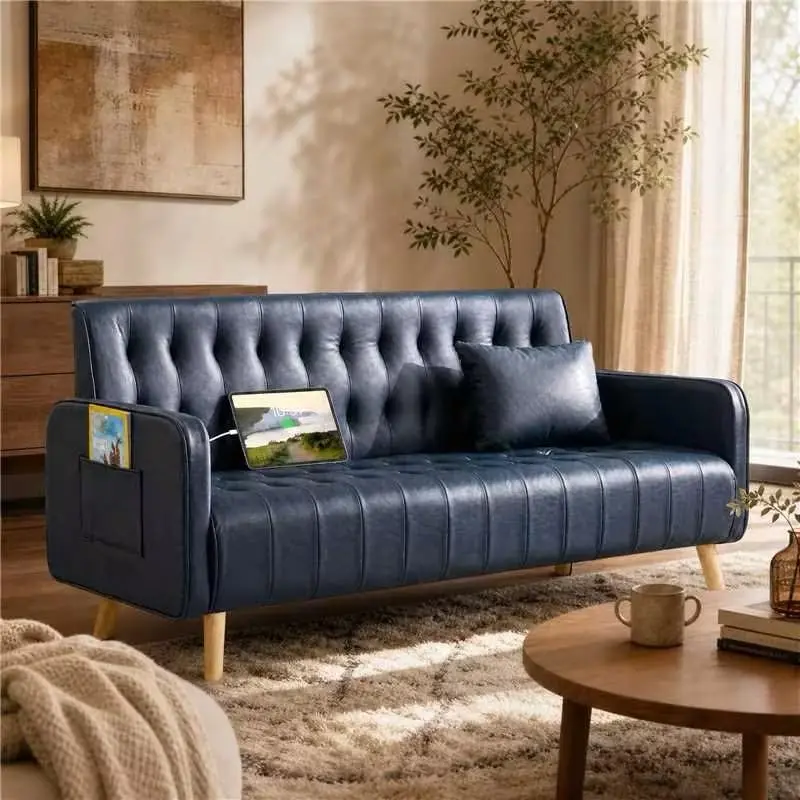 57” Faux Leather Loveseat Sofa, Small Tufted Couch (1, Black) | , Mid Century Modern, USB Charging Ports, Side Pockets