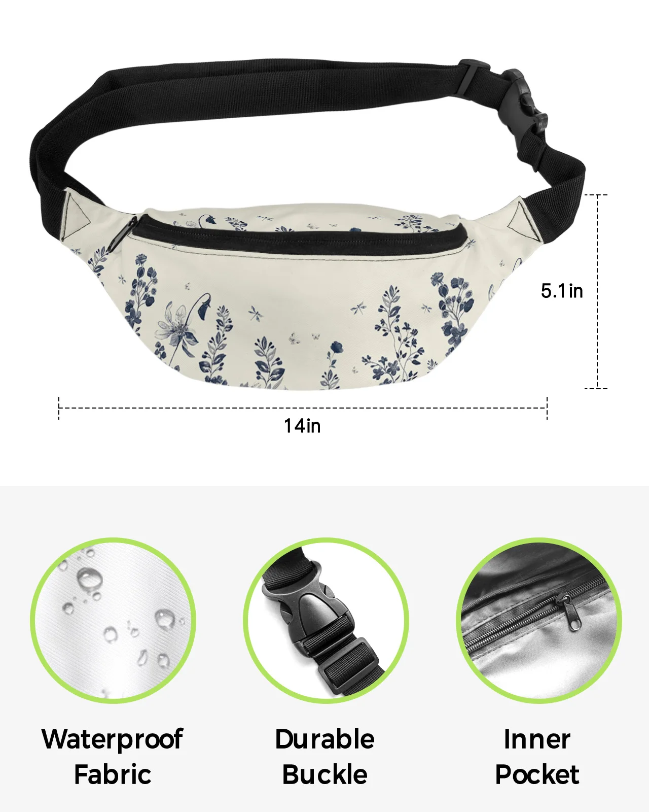 Vintage Dragonflies Waist Packs para Mulheres, esportes ao ar livre impermeáveis, Unisex Crossbody Bag, Shoulder Bag, Flores, Folhagem