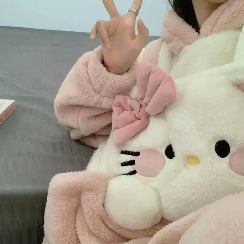 Hello Kitty Cute One-Piece Pajamas for Women Coral Velvet Autumn Winter Sweet Thickened Warm Flannel Home Wear Cartoon New Style view 5