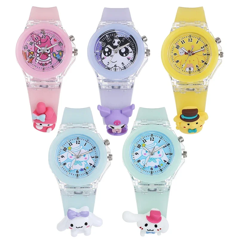 Miniso Anime Cartoon Sanrio Hello Kitty Cinnamoroll Kuromi Orologio al quarzo in silicone luminoso Ragazze Studente Orologio da polso sportivo luminoso