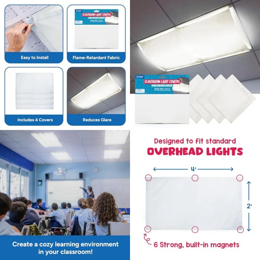 

Fluorescent Light Covers 4-Pack: Whisper White - Ceiling Light Filters for Classroom, Office and Home Lighting, Overhead LED Sh