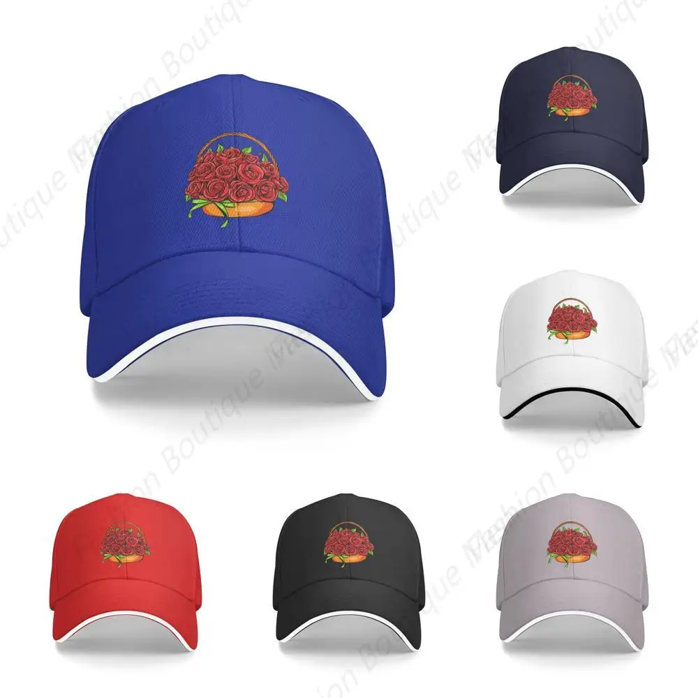 

Beautiful Bouquet Of Roses In A Flower Basket Sandwich Caps Peaked Caps Trucker Hat Men Women Outdoor Travel Sport Sun Visor