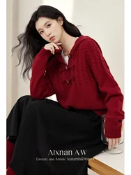 ALXNAN Women's Sweet Hooded Pullovers Half Placket Trendy Toggle Buttons Long Sleeve 2024 Fall Winter Loose Knit Sweater L51306