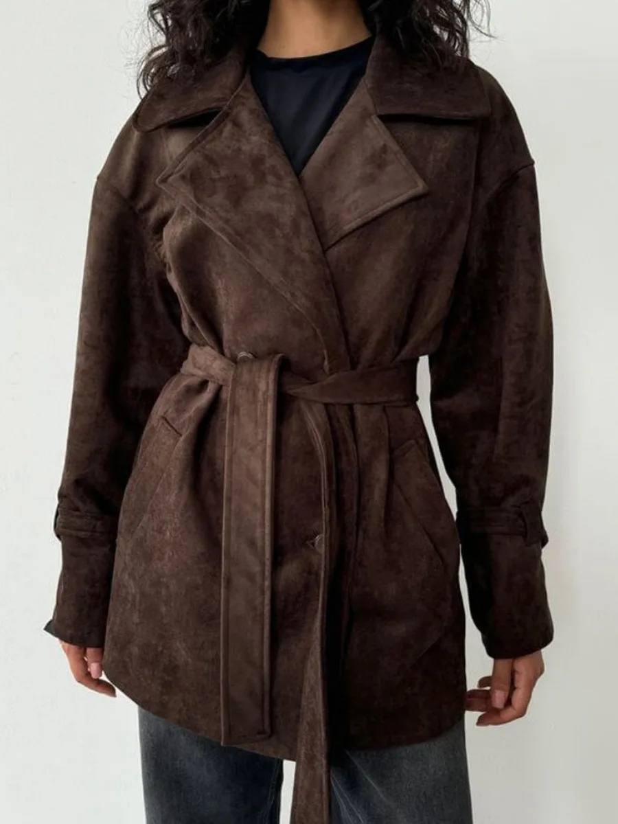 

Retro Suede Jacket Jacket European and American Style 2025 Autumn and Winter New Lapel Lace Waist-closing Jacket