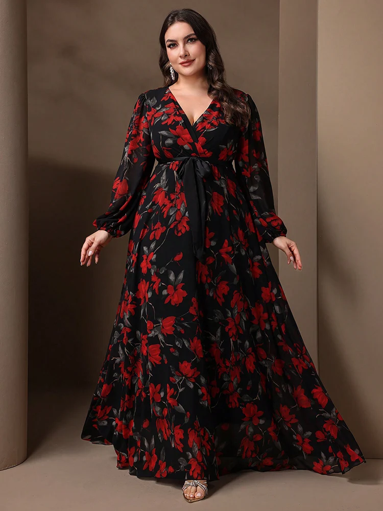 TOLEEN-Elegant Flower Print Lantern Sleeve Dress for Women, Floral Maxi Dresses, Casual Formal Party, Fashion, Plus Size, 2024