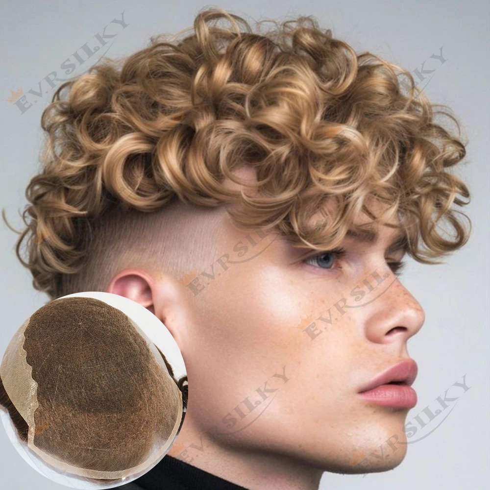

20 мм вьющиеся прочные Q6 медовый блондин коричневый 100% человеческие волосы мужской парик невидимый ПУ и дышащий кружевной серый протез отбеливающие узлы