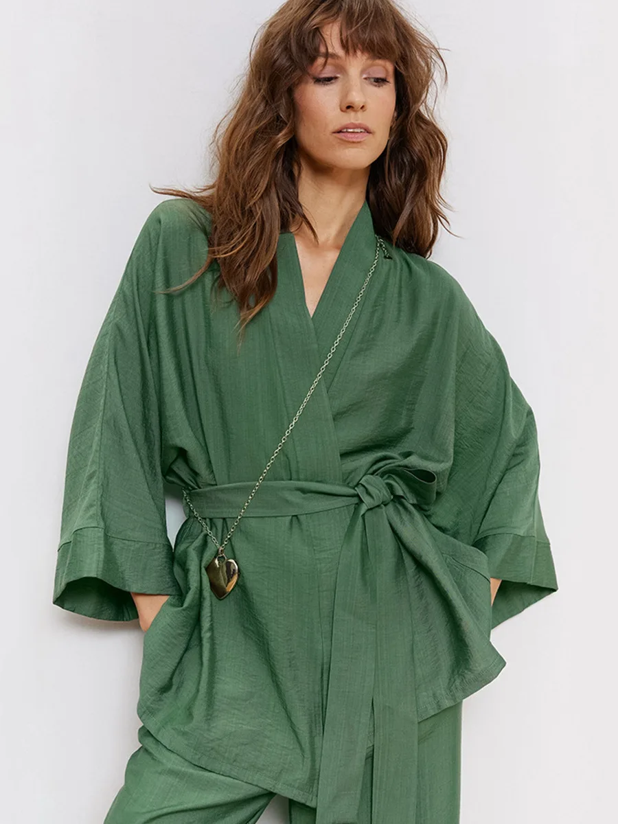 Blubelle conjunto de pijama de manga comprida feminino novo outono verde rendas até pijamas calças soltas lazer casa roupas conjunto de 2 peças