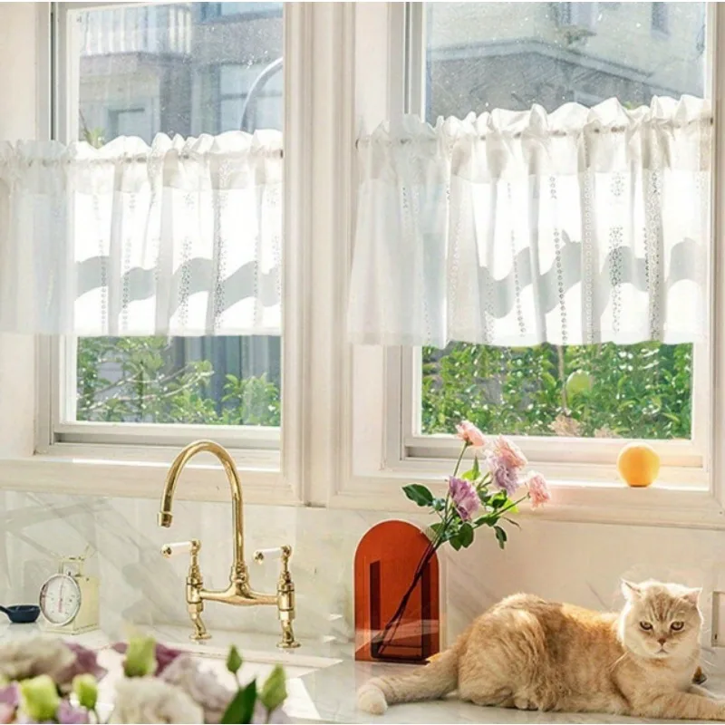 Short Curtain Blocking Gauze Curtain Lace Finished Hollow New Chinese Style Simple Living Room Bedroom Balcony White Gauze