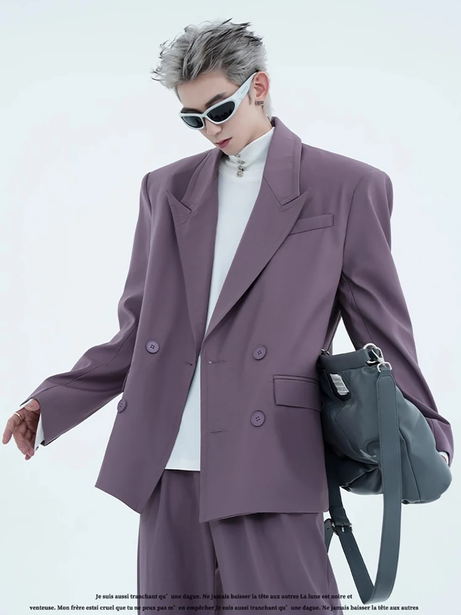 

Mauroicardi Spring Autumn Flowy Purple Blazers for Men Peaked Lapel Shoulder Pads Loose Casual Soft Korean Fashion Clothes 2025