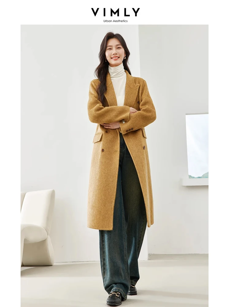 

Vimly Double Faced Wool Blend Long Coat for Women 2023 Elegant Notched Double Breasted Winter Overcoats Female Outerwear 50785