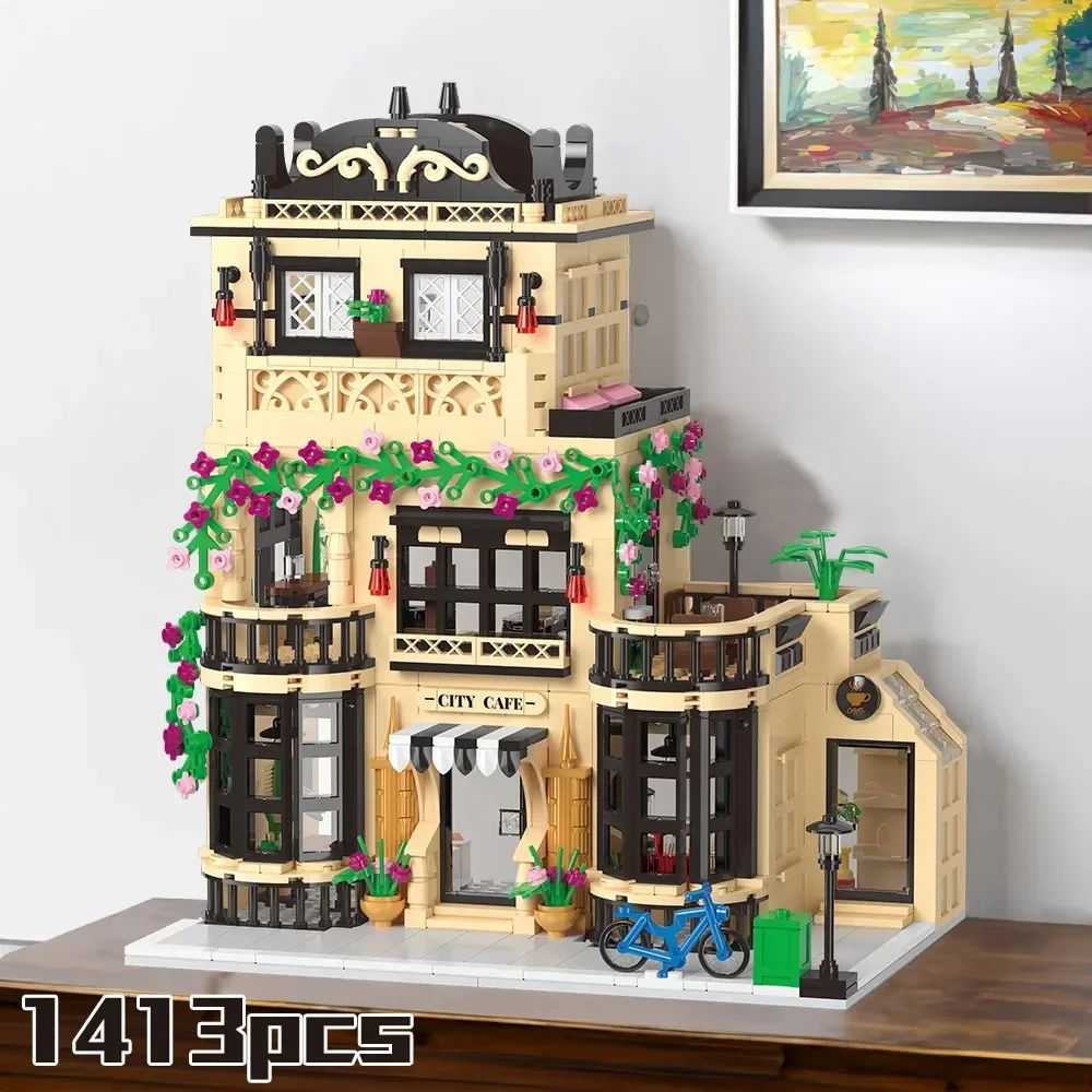 Juego de bloques de construcción City Cafe para adultos y adolescentes, cafetería, calle de ciudad, casa, juguete de construcción, 14 +,1413 piezas, Mini ladrillos con LED