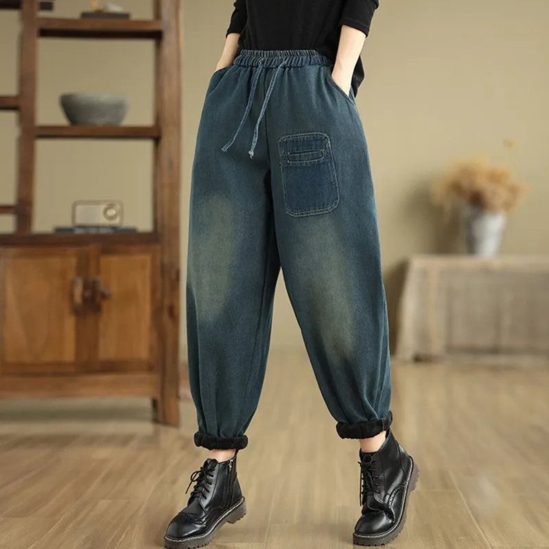 Thick Warm Casual Jeans Women New Arrival 2024 Autumn Winter Vintage Style Solid Color Loose Female High Waist Denim Pants B2097