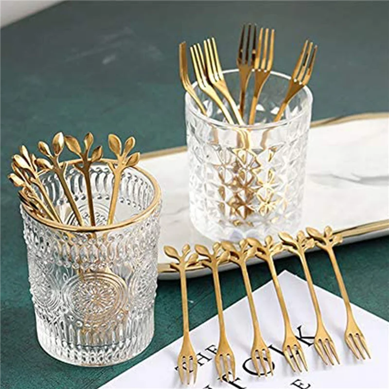 M11K-80PCS Dessert Spoon And Fork Set Cake Fork Coffee Spoon Creative Fruit Fork Stainless Steel -Gold