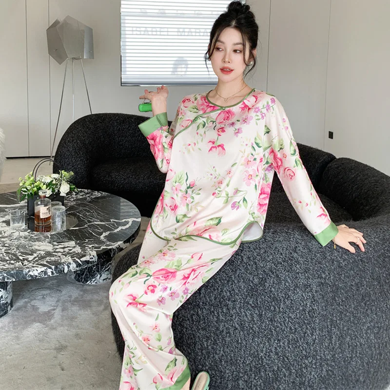 O-Neck Pajamas Suit Chinese Retro Style Sleepwear Print Flower Home Clothes With Buttons Rayon Nightwear Spring Pyjamas Set