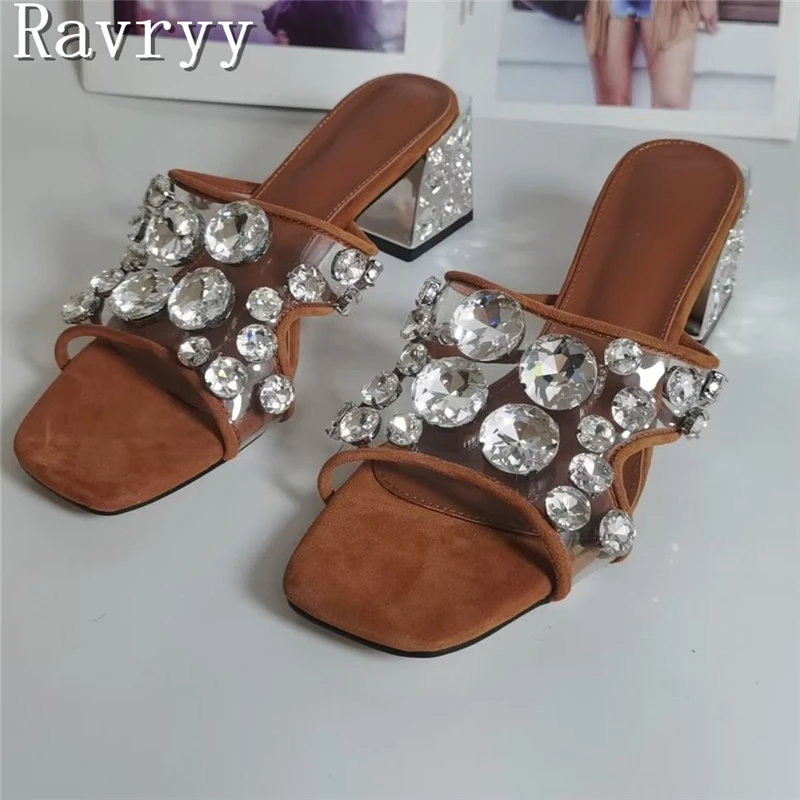 

Fashion Rhinestone Block Heel Sandals for Women Suede Clear Strap Square Toe Slip On Mules Sparkly Elegant Party Wedding Shoes