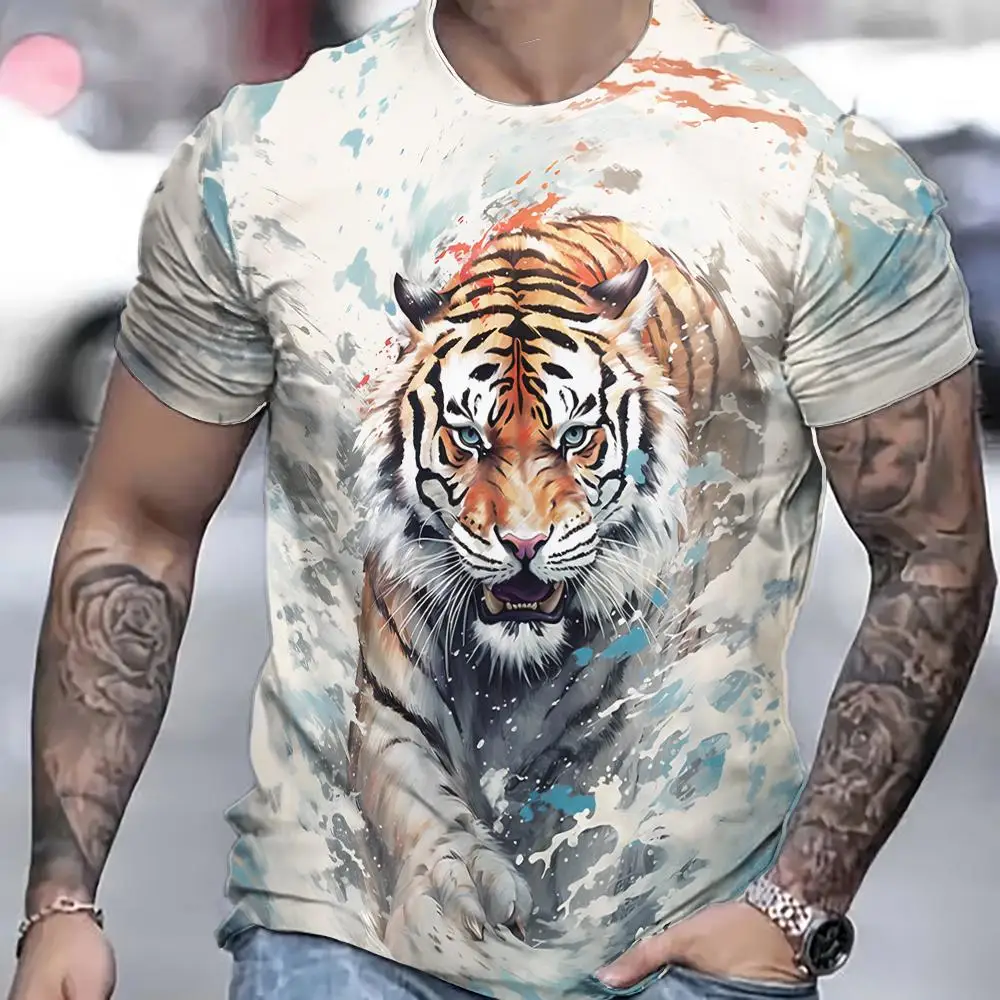 Tiger T-Shirt For Men 3D Animal 3D Print Men\'s Shirts Summer Short Sleeved Tee Male Pullover Oversized Top Casual Men\'S Clothing