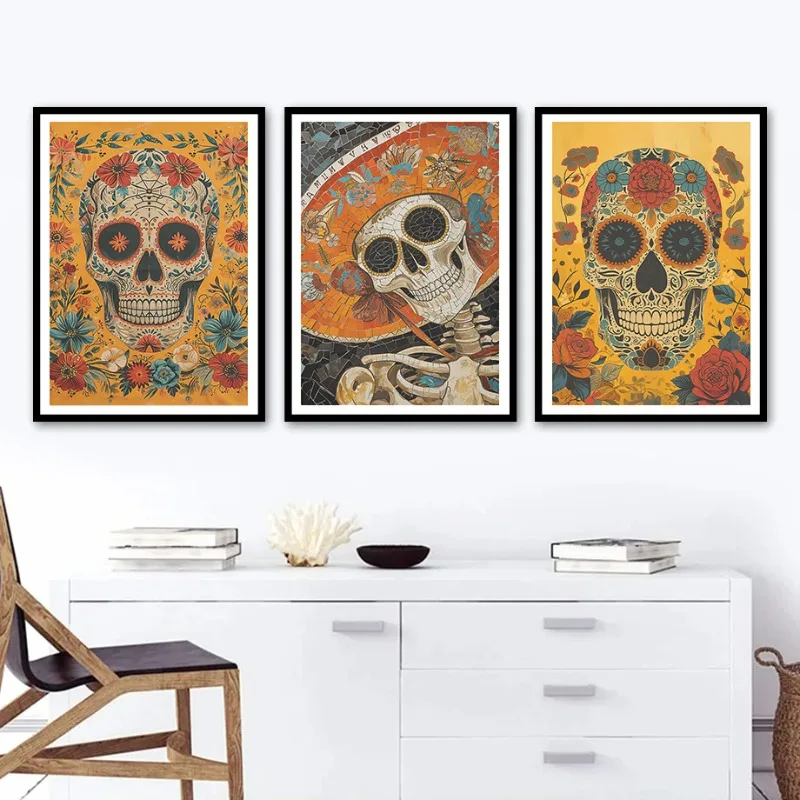 Cartoon Mexican Day of The Dead Flower Skull Lovers Poster and Print Canvas Printing Wall Art Picture for Living Room Decor Gift