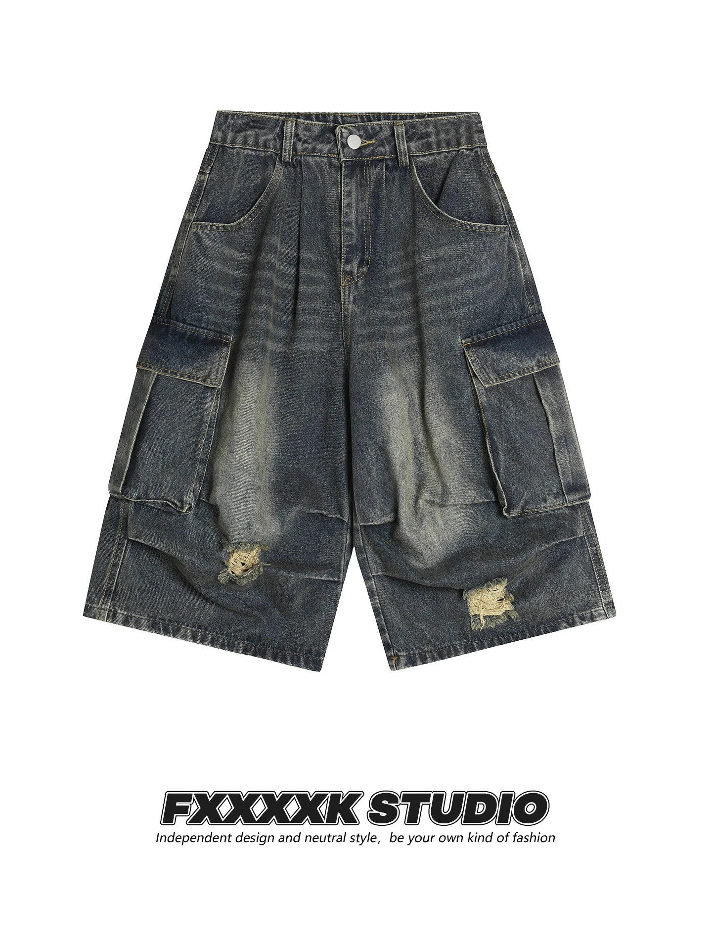 

FXK Original American Retro Waed Multi-ket Hole Denim Seven-Foot Pants Women Loose Wide-Leg orts Straight-Cut Mid-Waist