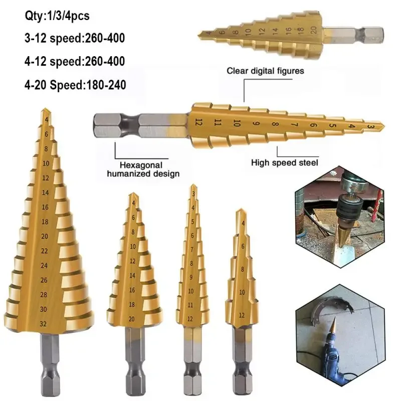 

1/3/4pcs 3-12mm 4-12mm 4-20mm HSS Straight Groove Step Drill Bit Titanium Coated Wood Metal Hole Cutter Core Drilling Tools Set