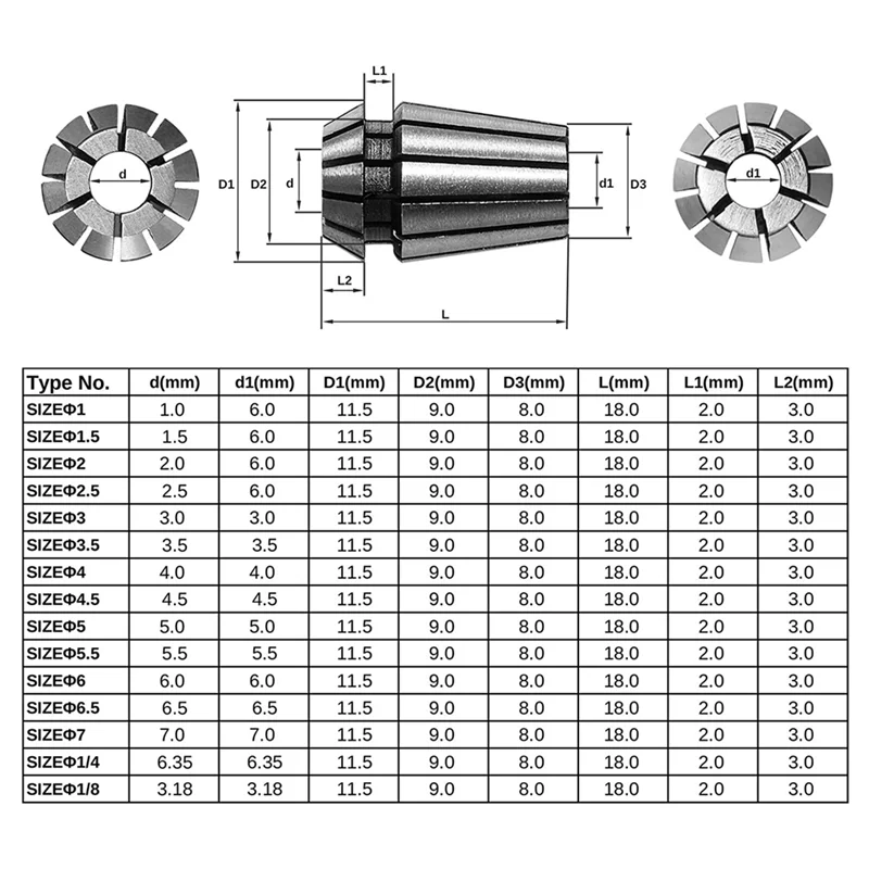 N15R-15PCS ER11 Precision Spring Collet Set For CNC Engraving Milling Lathe Chuck Tool 1.0Mm-7.0Mm & 1/4 Inch 1/8 Inch